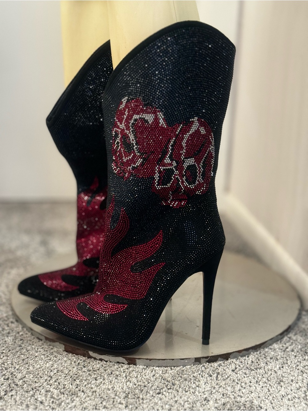 Black and Red Crystal Skull Flame Stiletto Boots . New without original box.